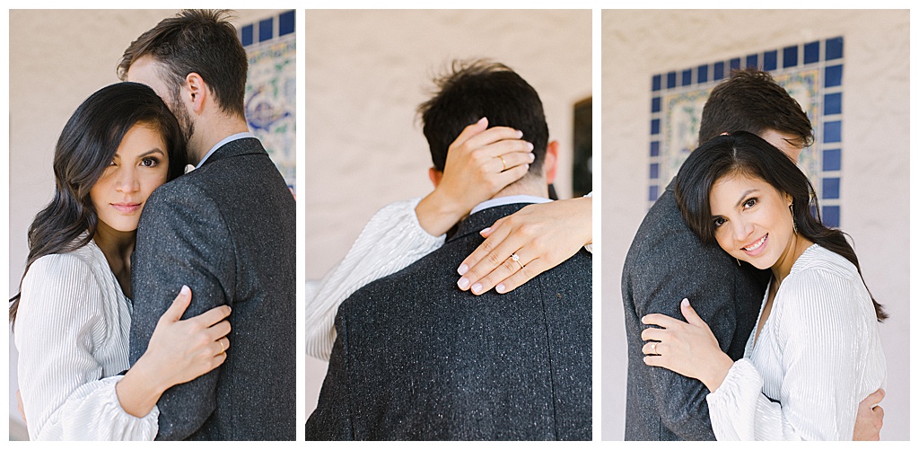 Modern couple wrapping their arms around each other.