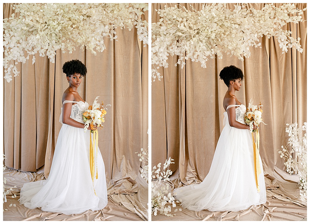 African American Bride portaits under a floating floral arragement