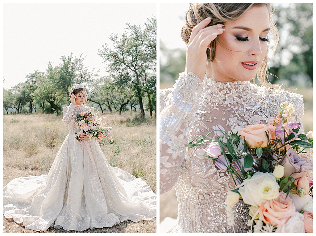 bride wearing high necked lace dress