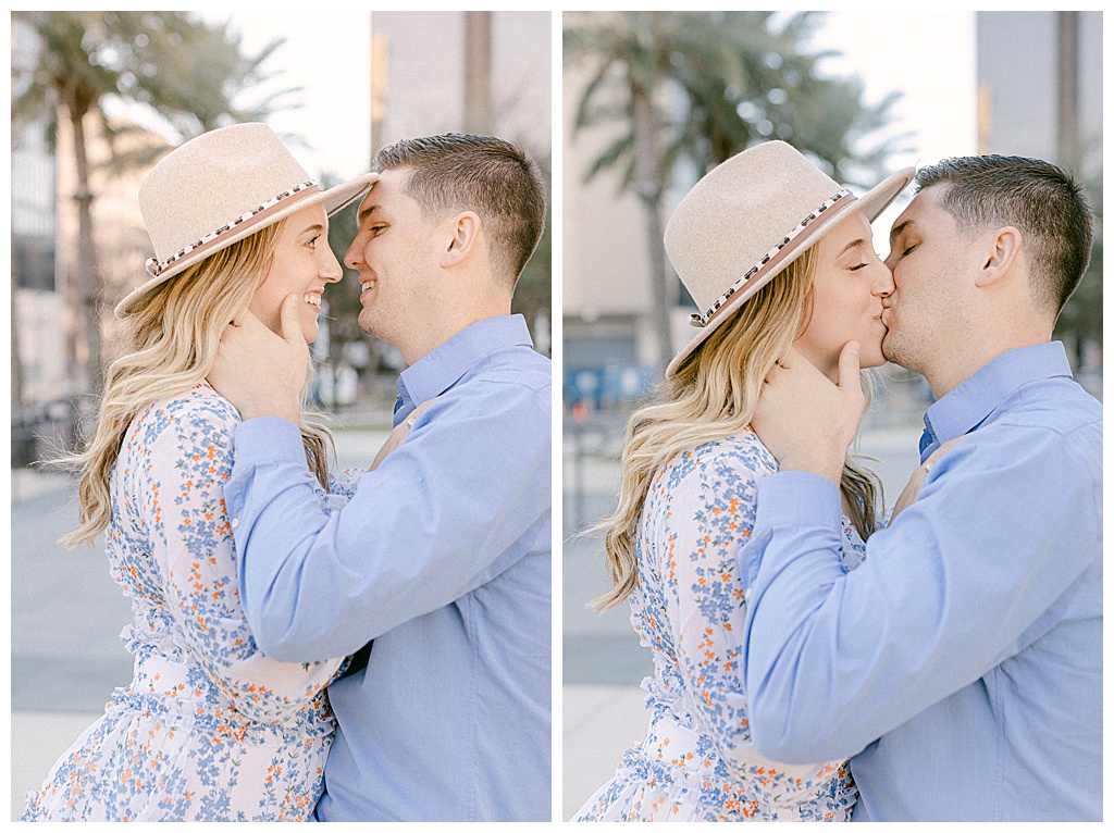 couple kissing at downtown san antonio engagement session
