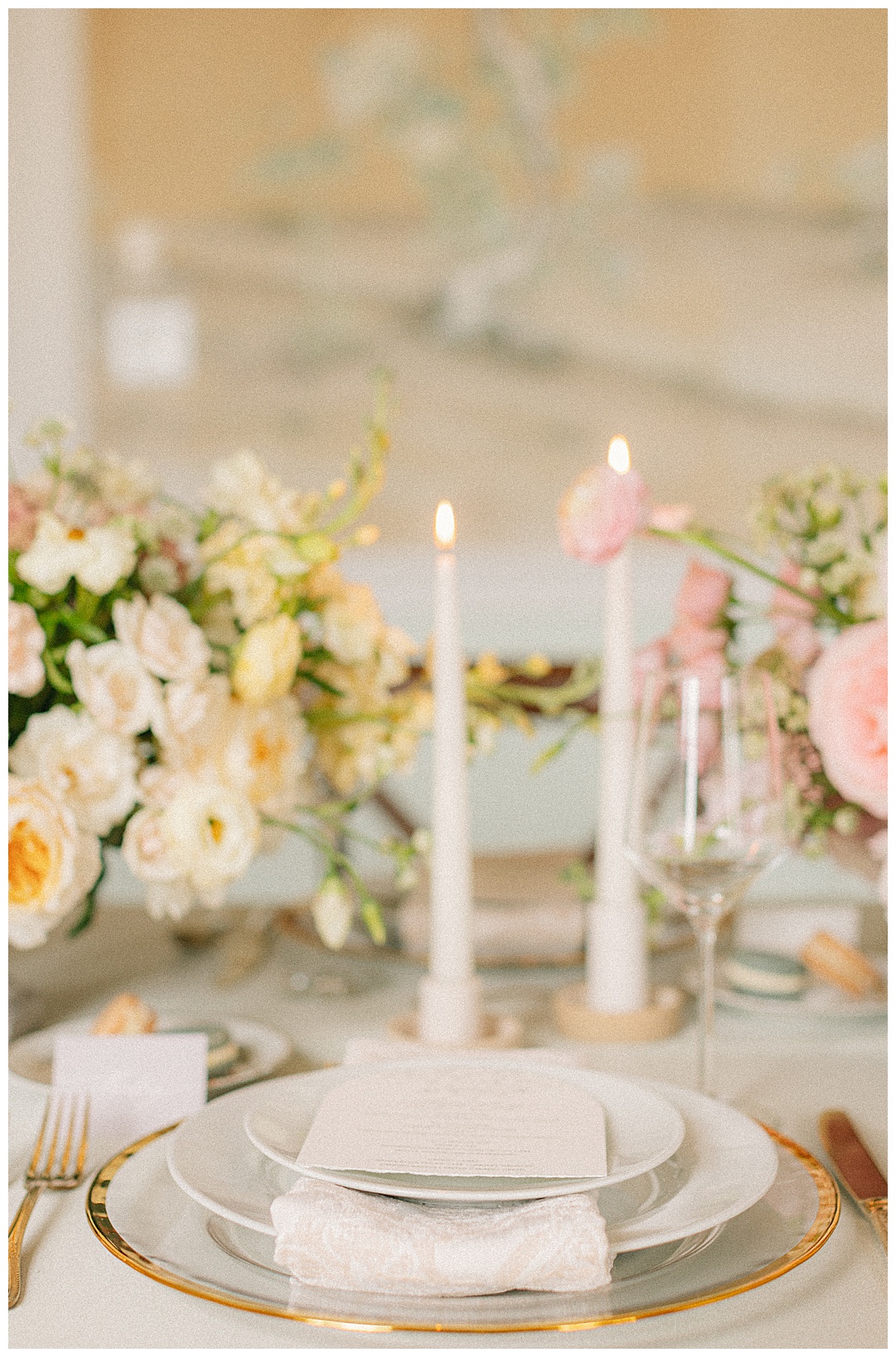 thin white candles for modern classic wedding tablescape