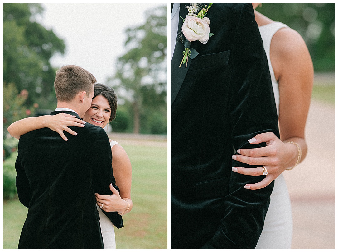 couple embracing groom wearing black velvet tux