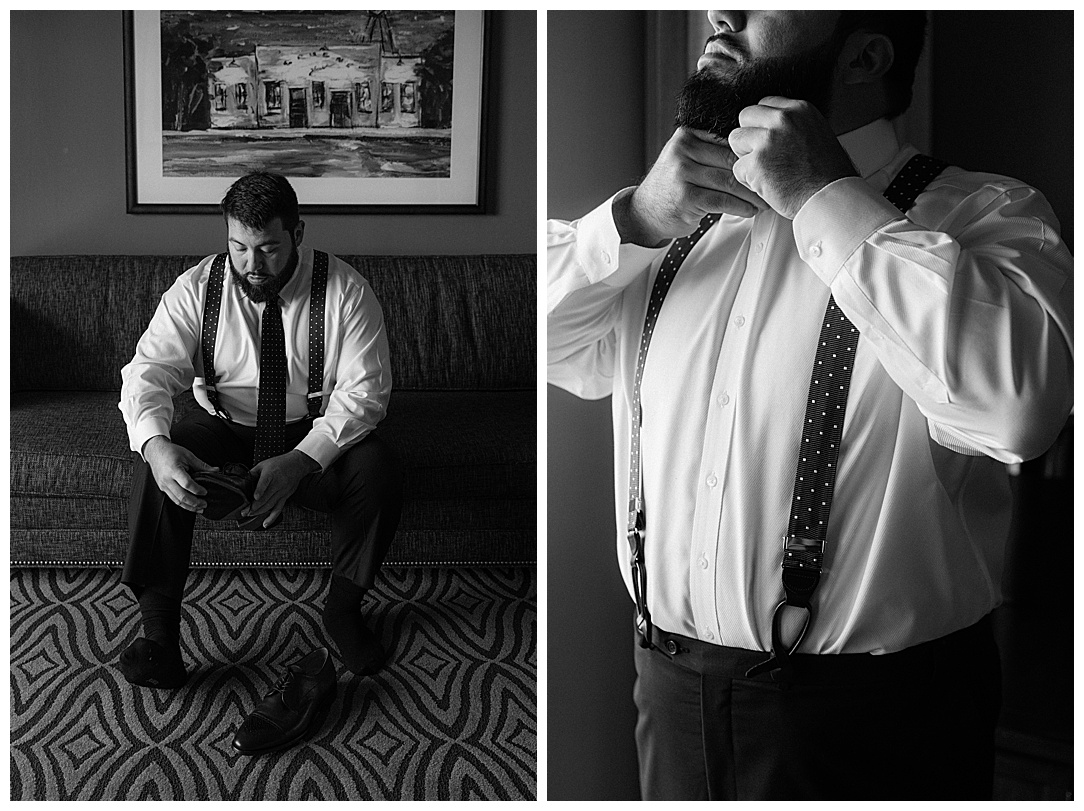 black and white photos of groom getting ready