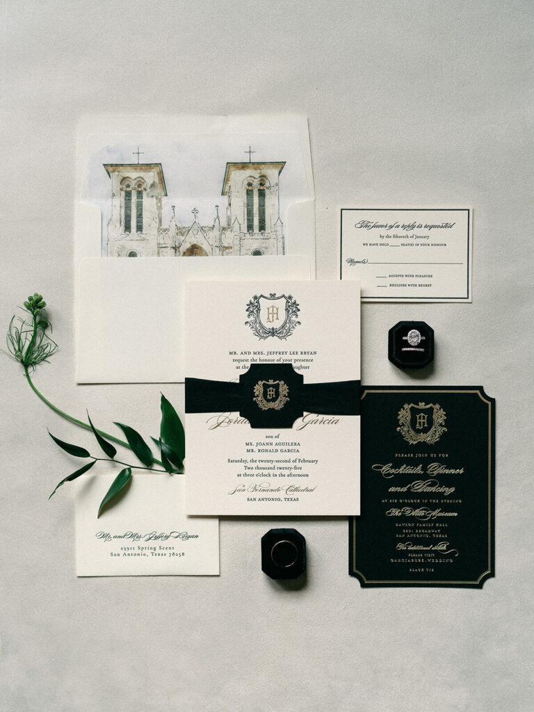The black and white invitation suite for this Witte Museum wedding.